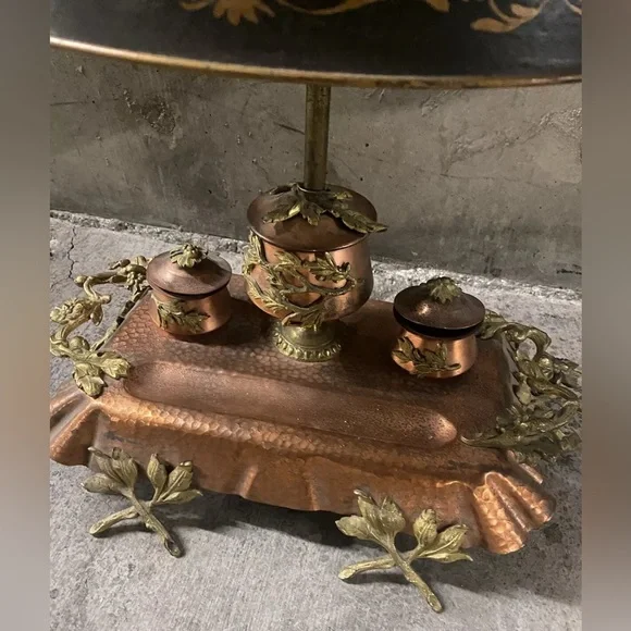 Hammered Copper French Bouillotte Lamp Handpainted Shade W/ Built In Inkwell WOW - Picture 2 of 12